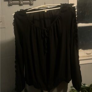 Lily White Black Blouse with Lace Sleeves